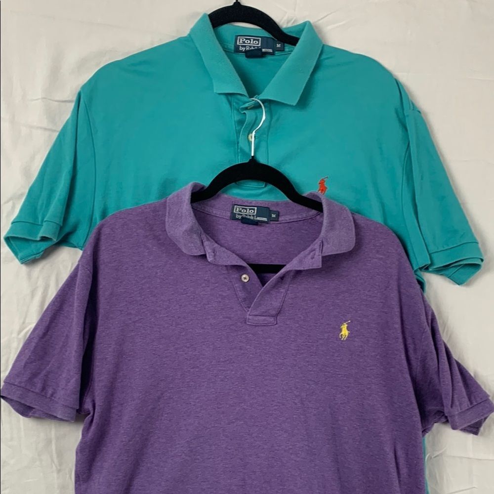 RALPH LAUREN | 2 MEDIUM MEN CLASSIC BUTTON POLO VTG POLOS | TEAL PURPLE BUNDLE